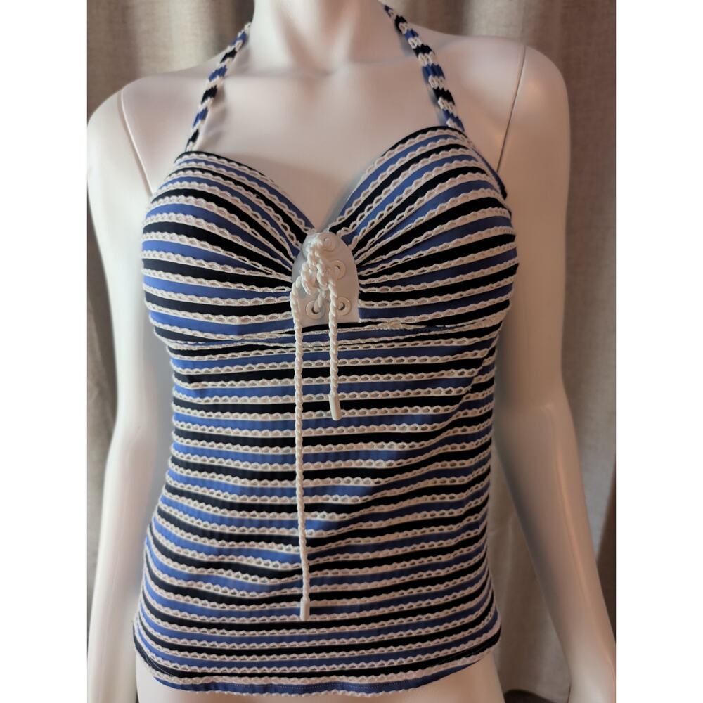 Jessica Simpson Blue White Stripe Halter Tankini Top Underwire Eyelet Size L